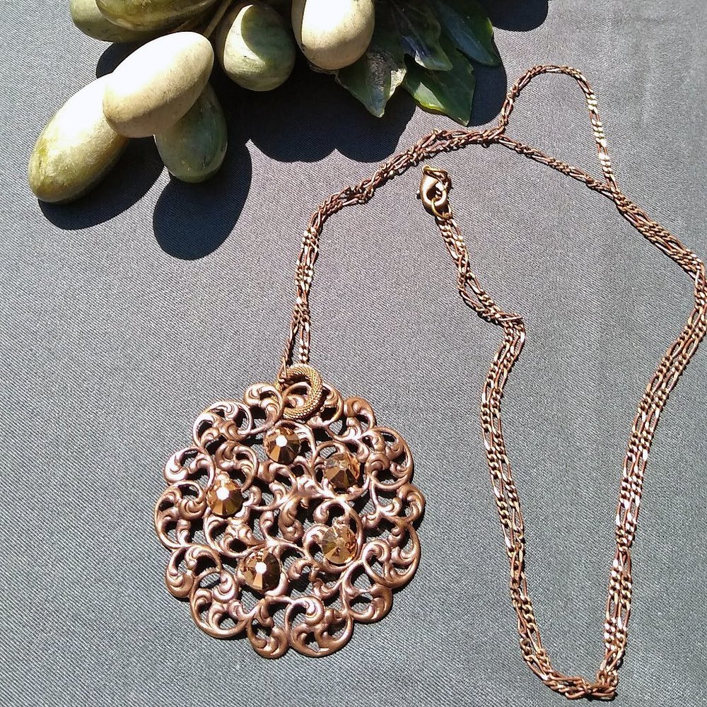 NWOT Pendant w/Natural Brass Filigree and Copper Flatback Austrian Crystals 36"